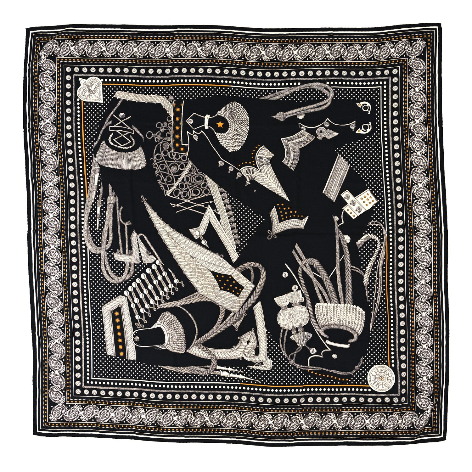 Hermes Cashmere Silk Zouaves Et Dragons Shawl 140 Black White Gold 1 of 3