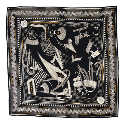 Hermes Cashmere Silk Zouaves Et Dragons Shawl 140 Black White Gold 1 of 3