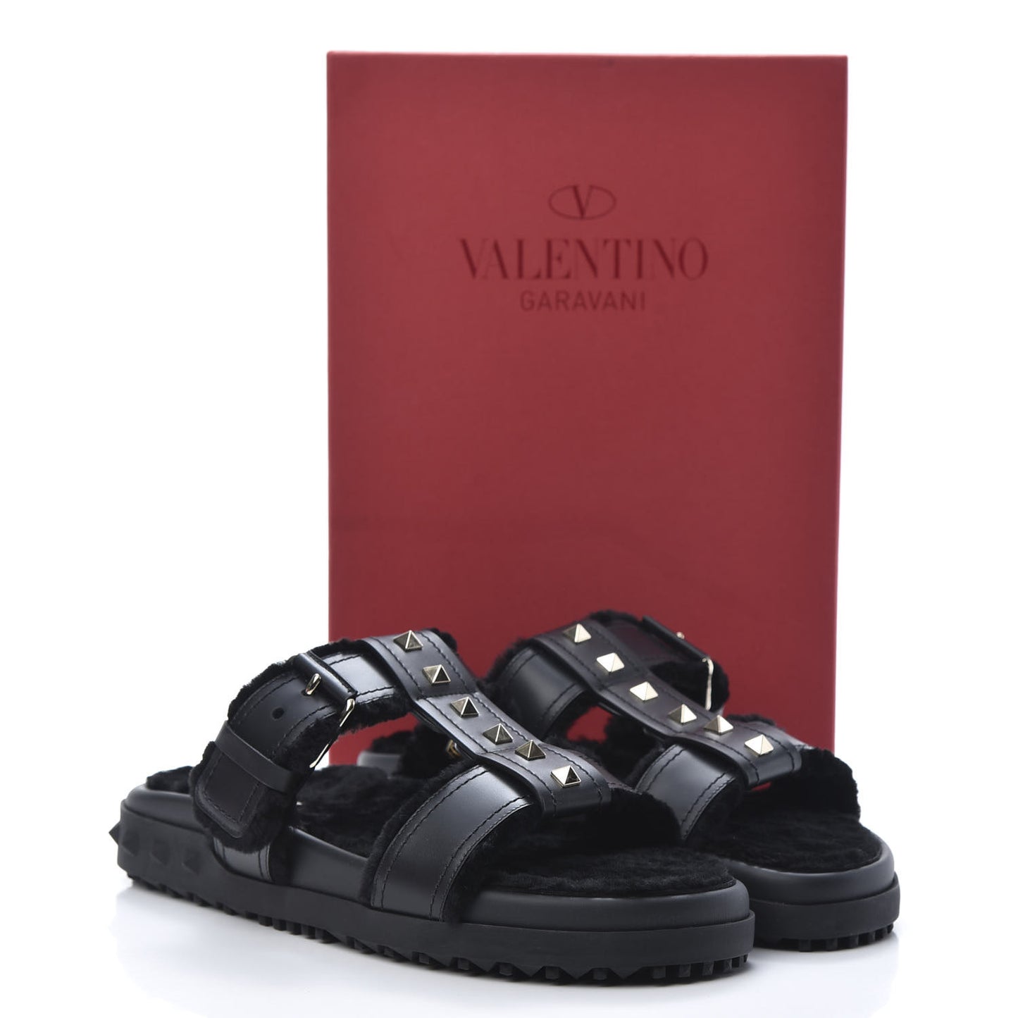 Shearling Rockstud Slide Sandals 38 Black