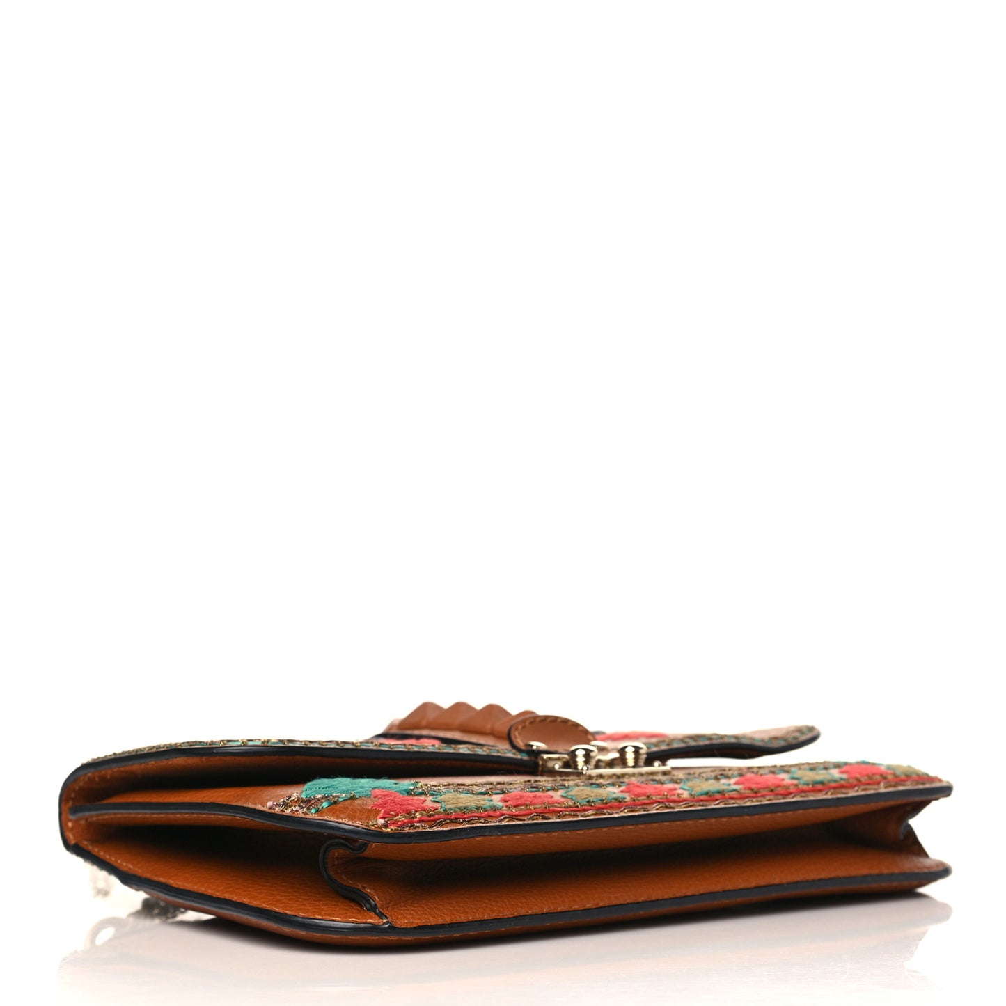 Pebbled Calfskin Embroidered Medium Glam Lock Rockstud Flap Brown