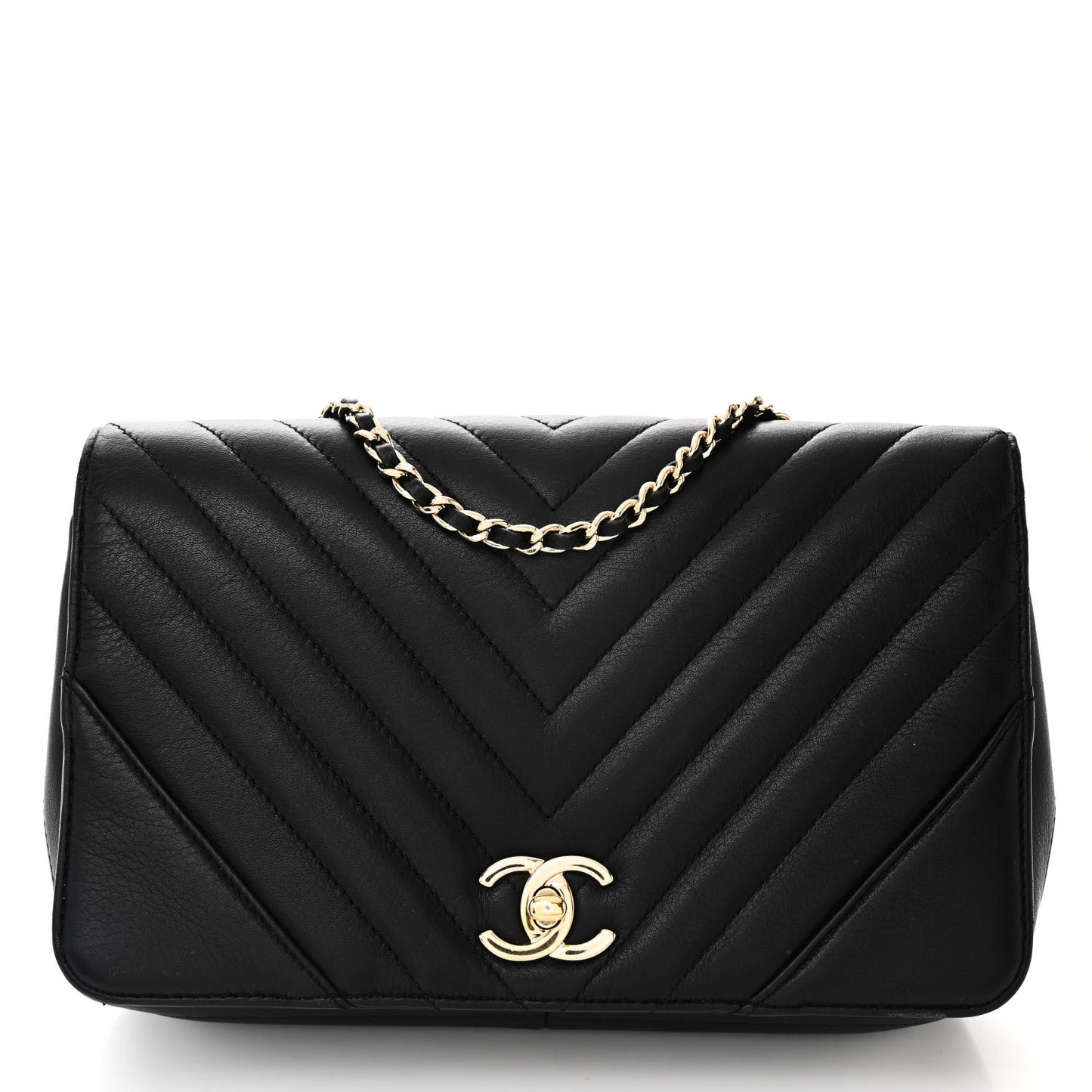Calfskin Chevron Quilted Small Statement Flap Black