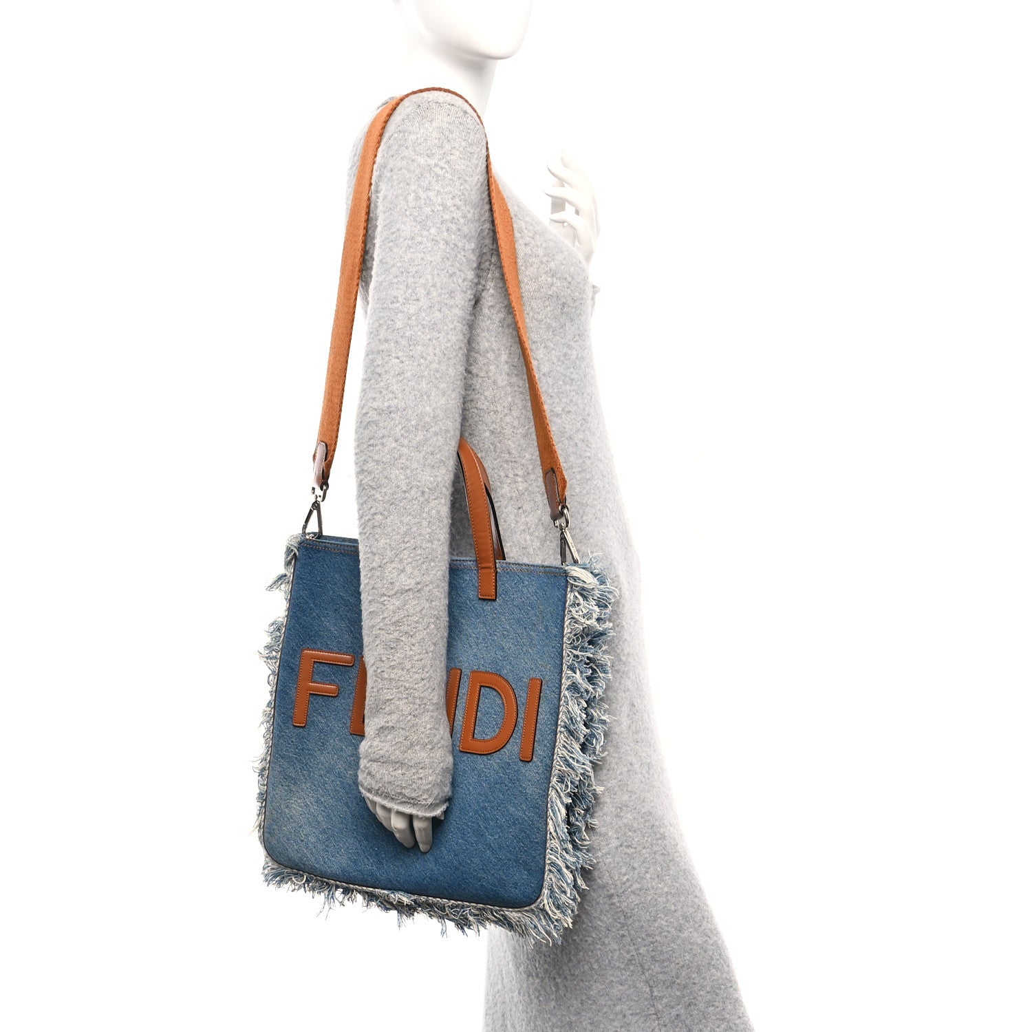 Fendi Denim Lavato Vitello King Logo Embroidered Frayed Tote Denim