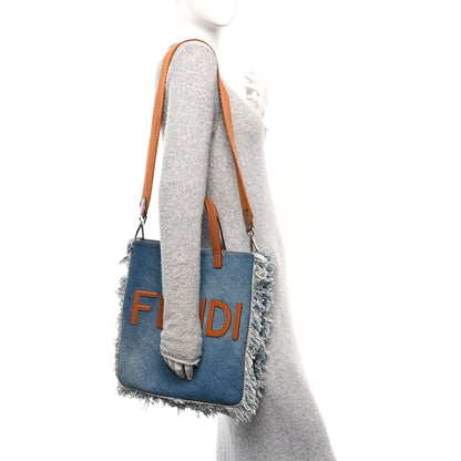 Fendi Denim Lavato Vitello King Logo Embroidered Frayed Tote Denim Chiaro Cuoio 2 of 10