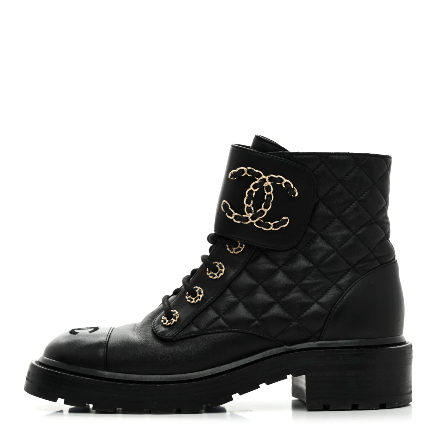 Chanel Shiny Lambskin Quilted Lace Up Combat Boots 38 Black 1 of 9