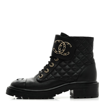 Chanel Shiny Lambskin Quilted Lace Up Combat Boots 38 Black 1 of 9