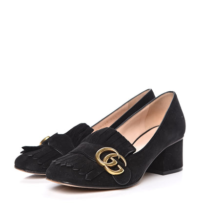 Gucci Kid Scamosciato GG Marmont Fringe 50mm Loafer Pumps 34.5 Black 4 of 13