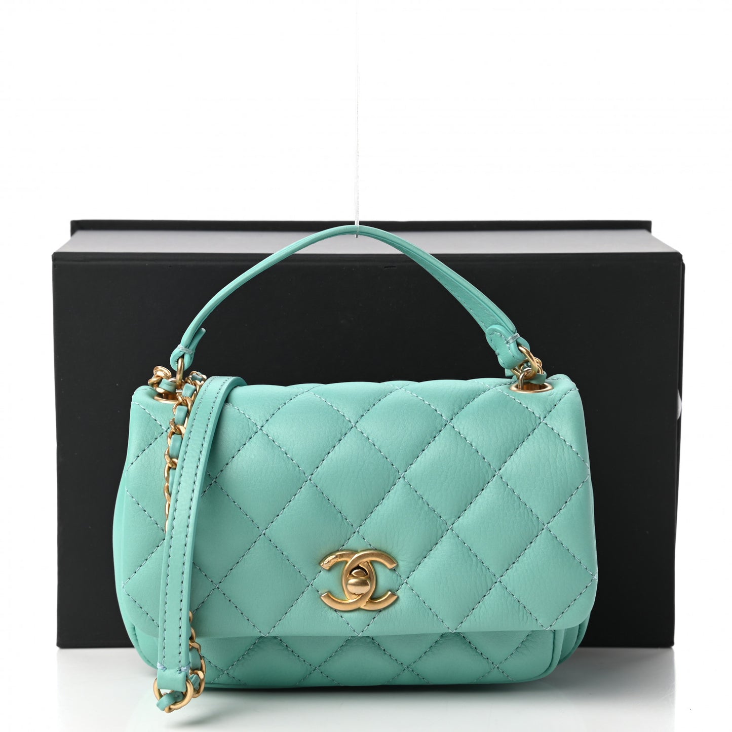 Calfskin Quilted Top Handle Flap Light Blue