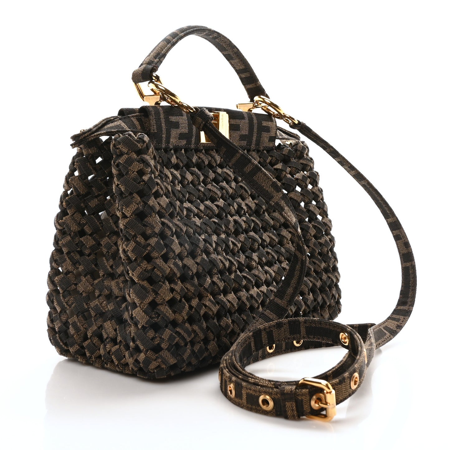 Fabric Jacquard FF 1974 Woven Knotted Mini Peekaboo Iconic Satchel Tobacco Moro