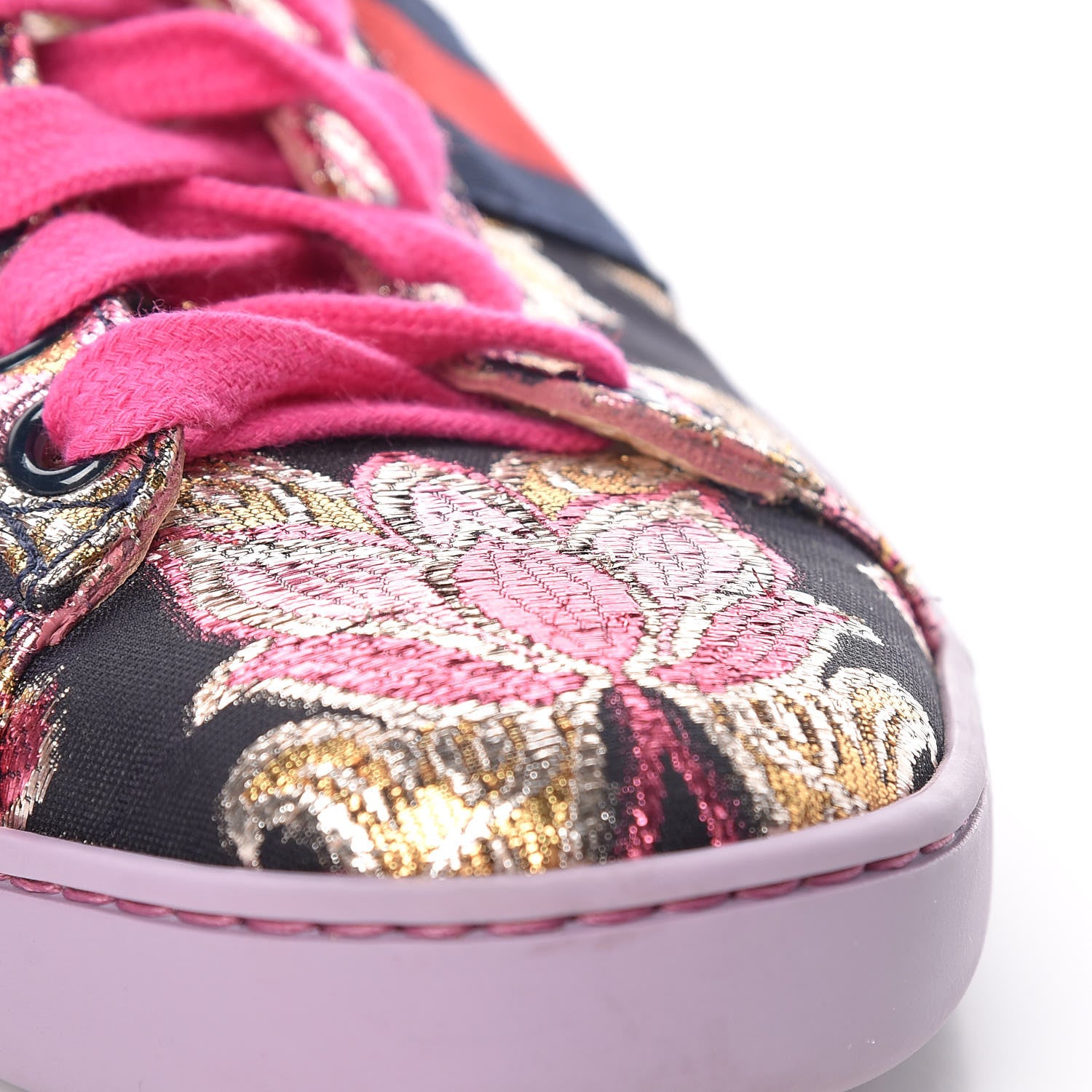 Gucci Lurex Brocade Web Nappa Womens Ace Sneakers 36.5 Black Pink Oro Vecchio 13 of 15