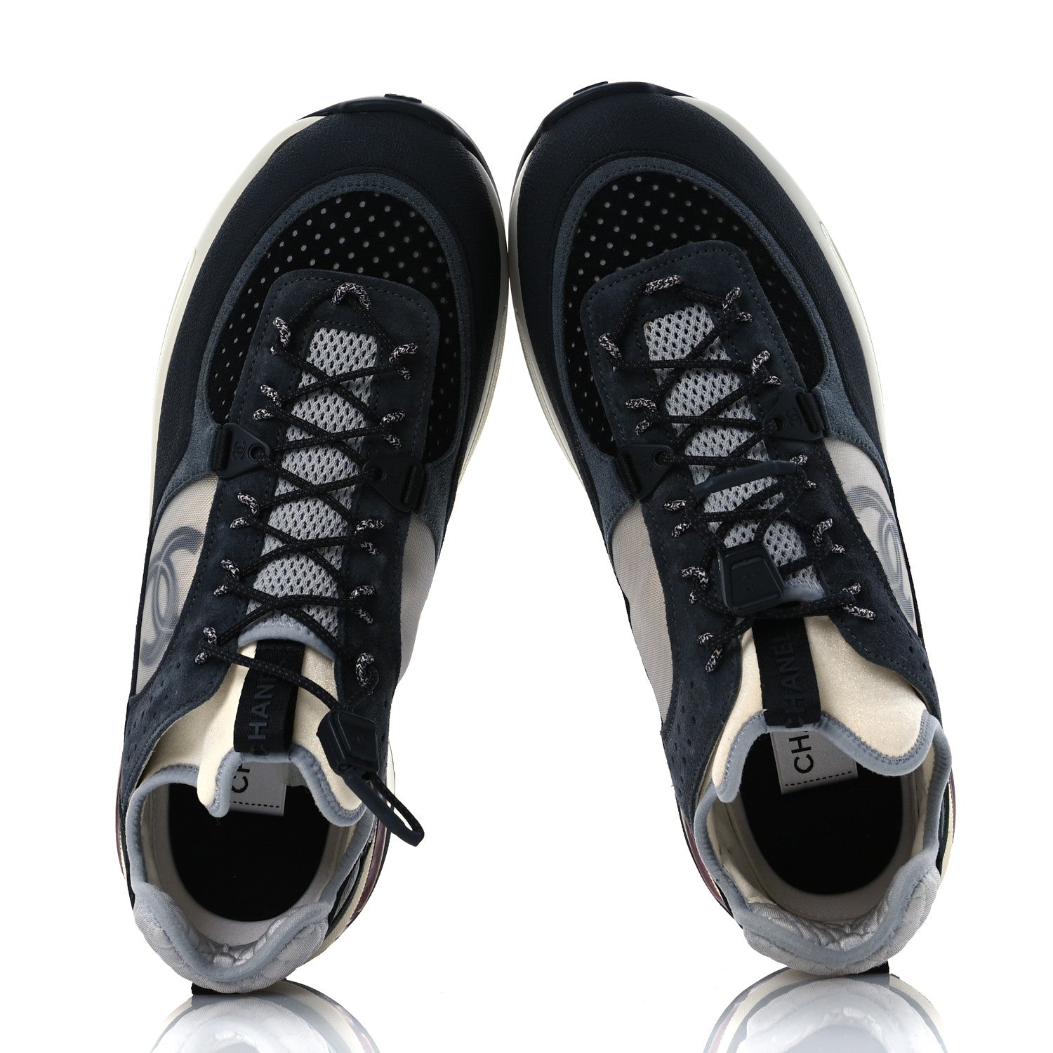 Chanel Fabric Suede Calfskin Mesh CC Sneakers 42 Black Dark Grey White Light Grey 2 of 12