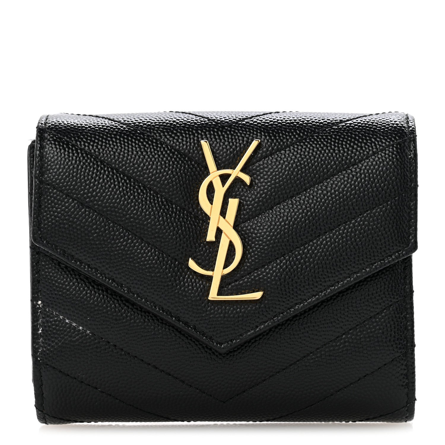 Saint Laurent Grain De Poudre Matelasse Chevron Monogram Compact Tri Fold Wallet Black 1 of 9