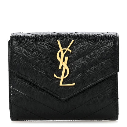 Saint Laurent Grain De Poudre Matelasse Chevron Monogram Compact Tri Fold Wallet Black 1 of 9