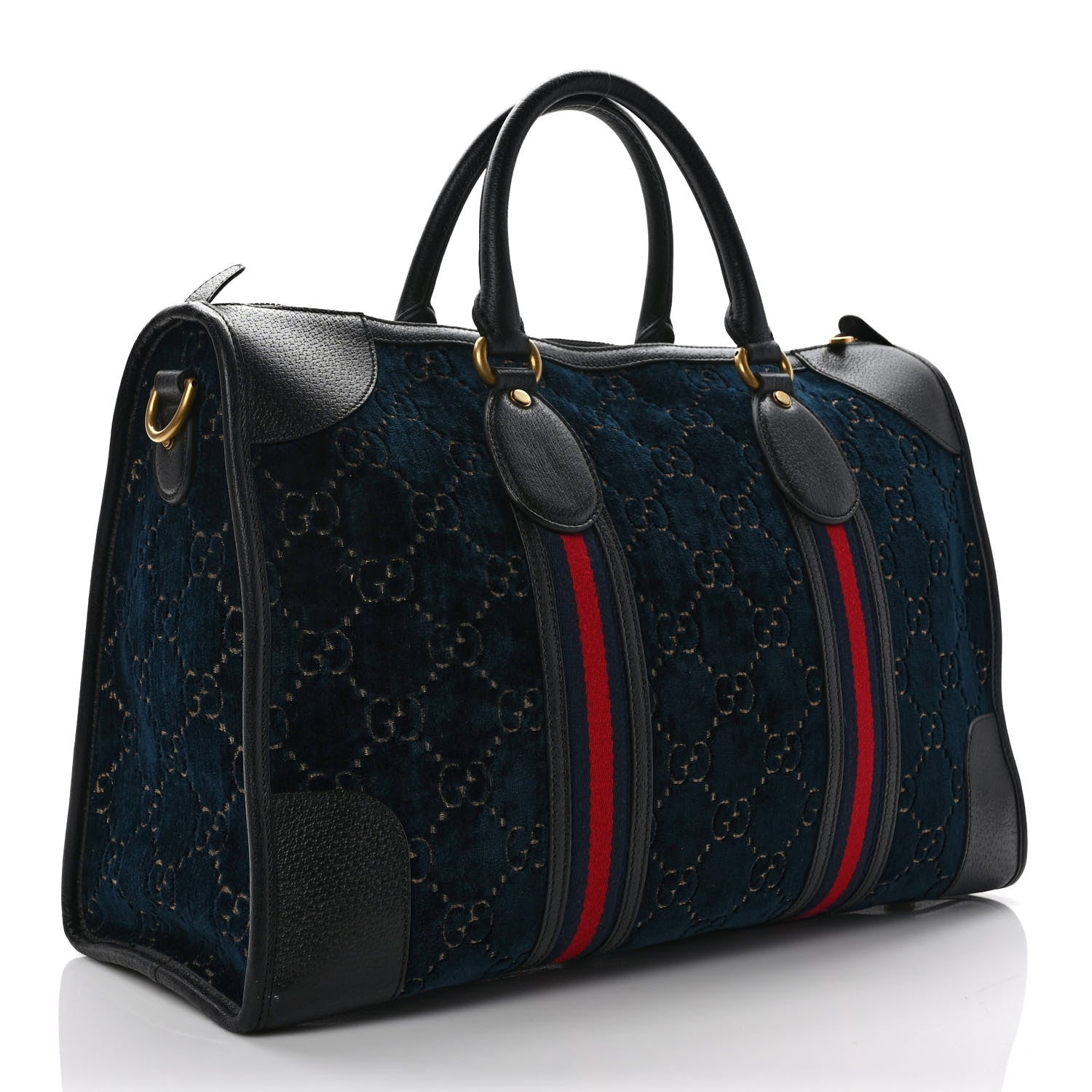 Gucci Velvet GG Monogram Textured Calfskin Web Medium Duffle Bag Blue Beige Black 3 of 11
