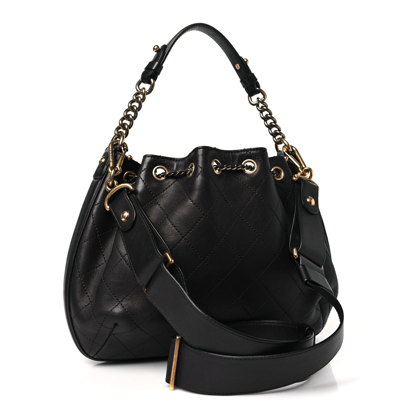 Calfskin Stitched Small Paris Rome Drawstring CC Bag Black