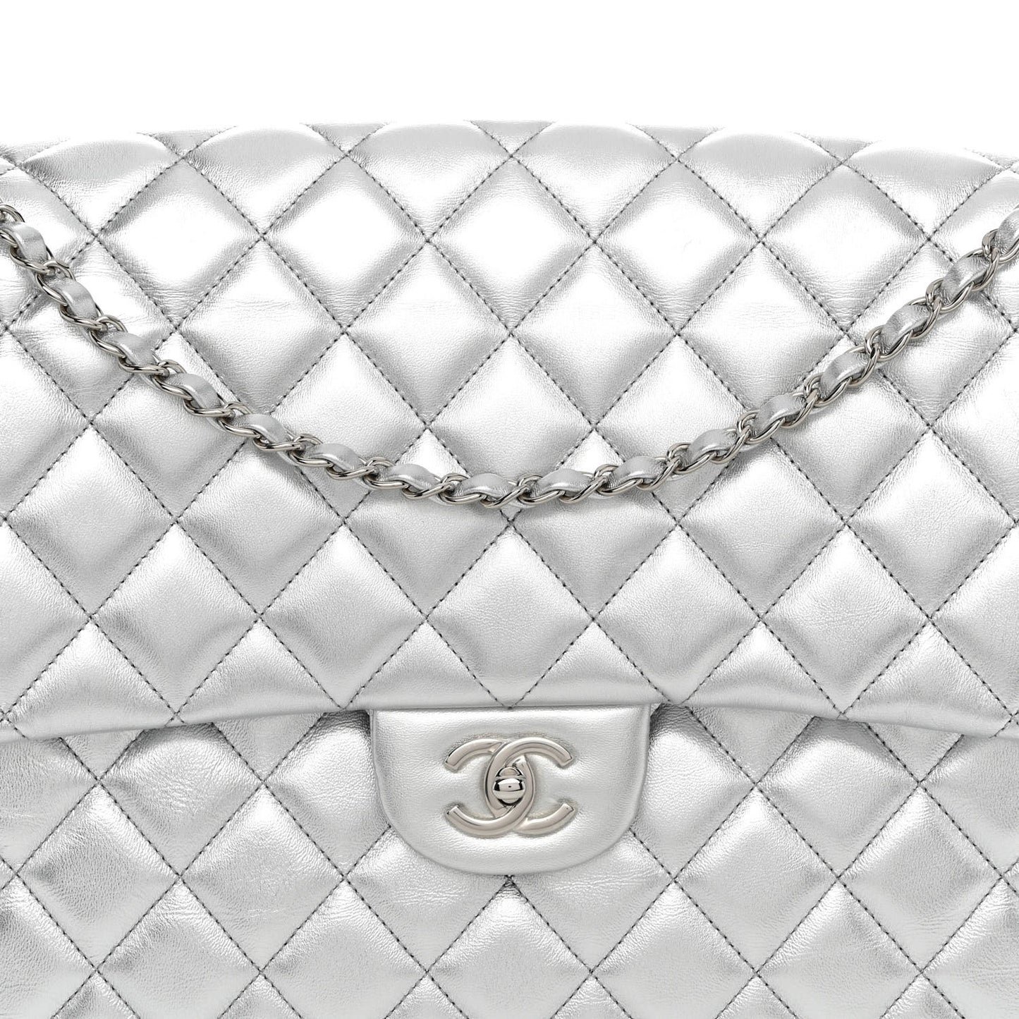 Metallic Lambskin Quilted XXL Travel Flap Bag Silver