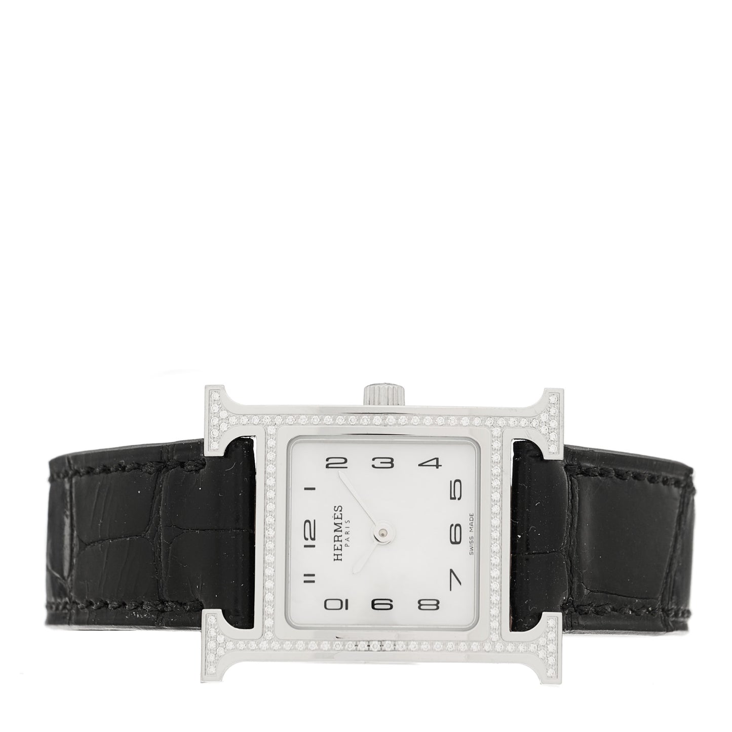 Stainless Steel Alligator Diamond Bezel Mother of Pearl 21mm Heure H Hour Quartz Watch Noir