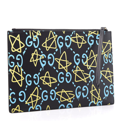 Gucci Calfskin GucciGhost Print Pouch Black New Acquamarine 3 of 12