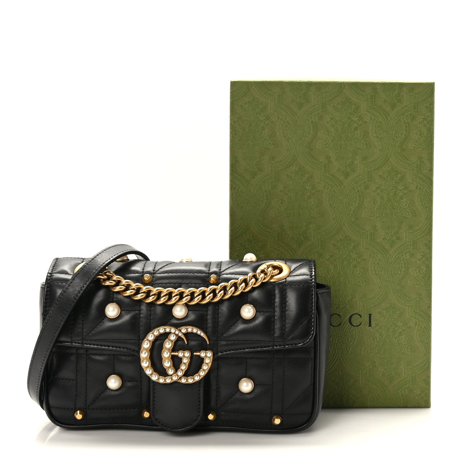 Gucci Calfskin Matelasse Studded Mini Pearly GG Marmont Shoulder Bag Black 10 of 10