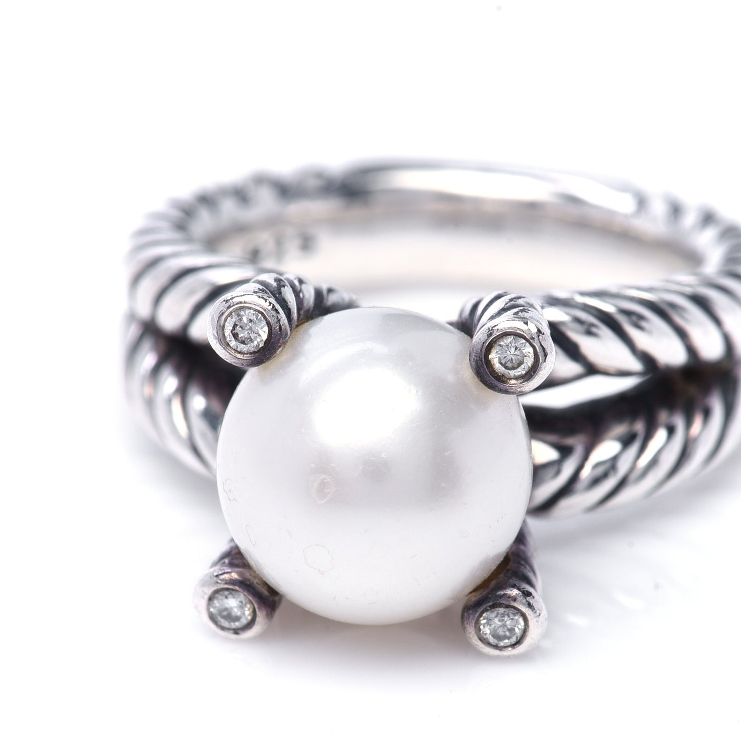Sterling Silver Diamond Pearl 10mm Cable Ring 52 6