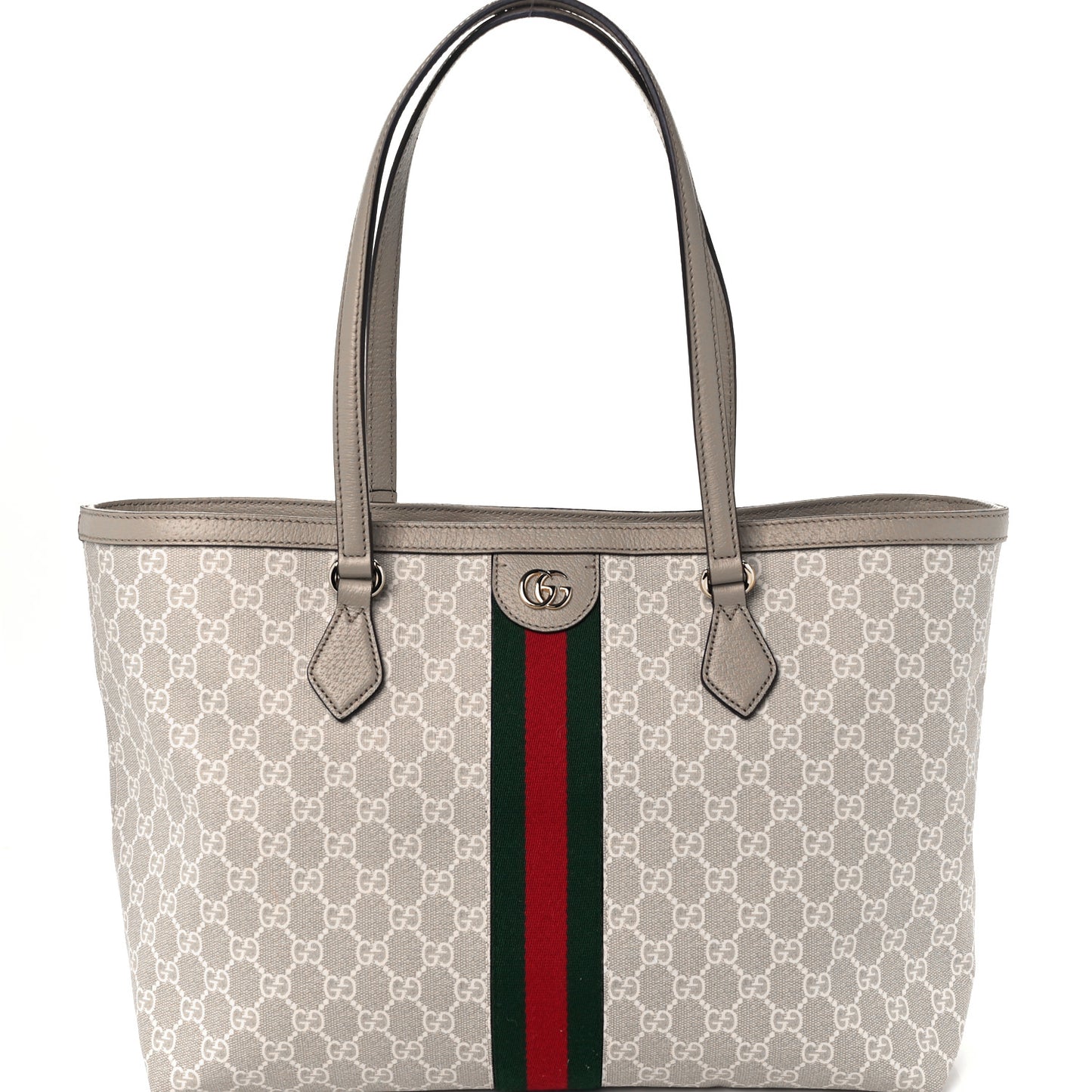 GG Supreme Monogram Textured Dollar Calfskin Web Medium Ophidia Shopping Tote Beige Mystic White Oatmeal