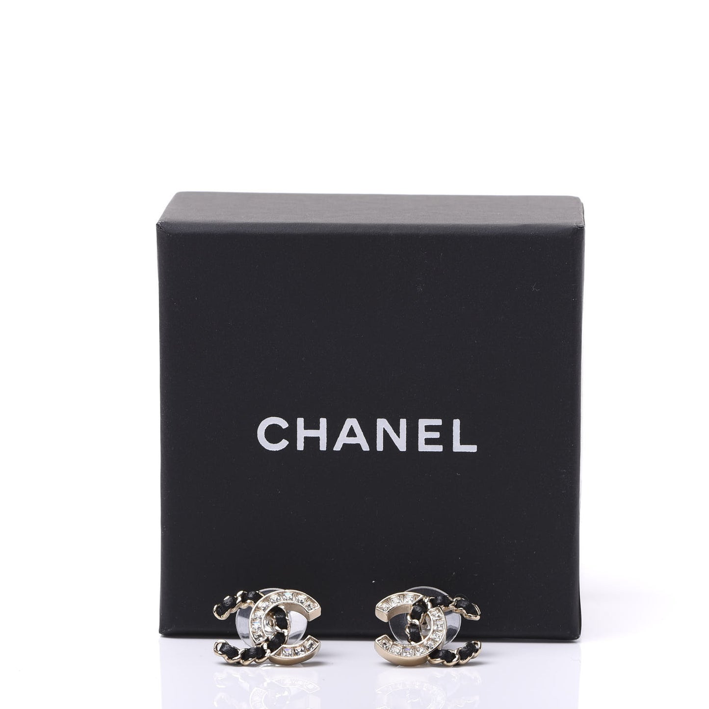 Crystal Baguette Lambskin Chain CC Vintage Allure Stud Earrings Black Gold