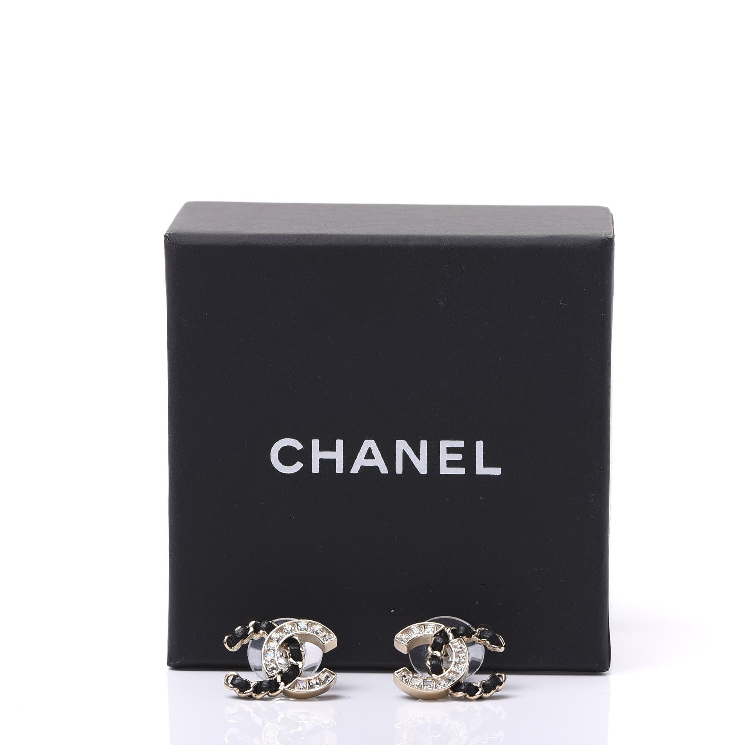 Chanel Crystal Baguette Lambskin Chain CC Vintage Allure Stud Earrings Black Gold 5 of 5