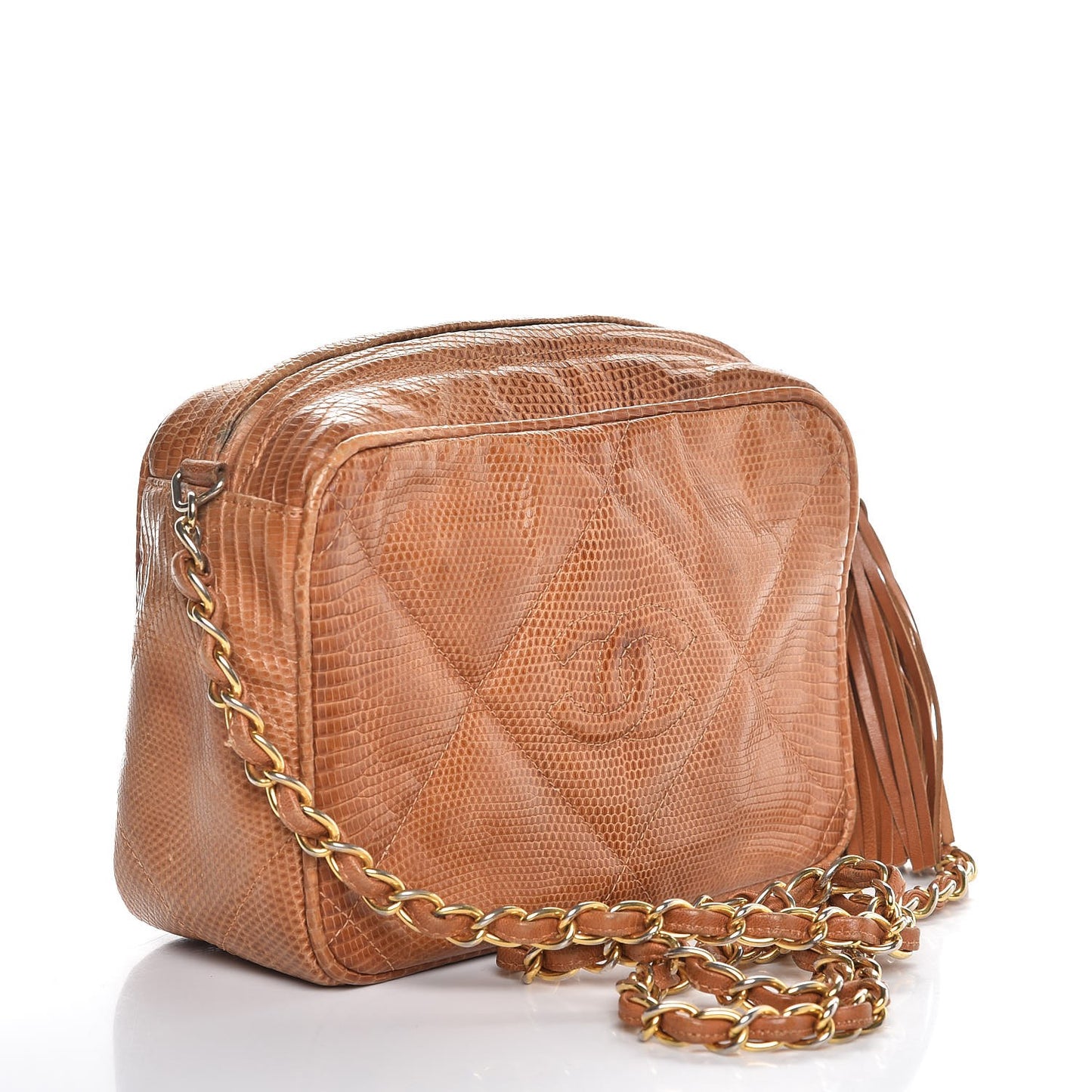 Lizard Quilted Tassel Camera Case Tan