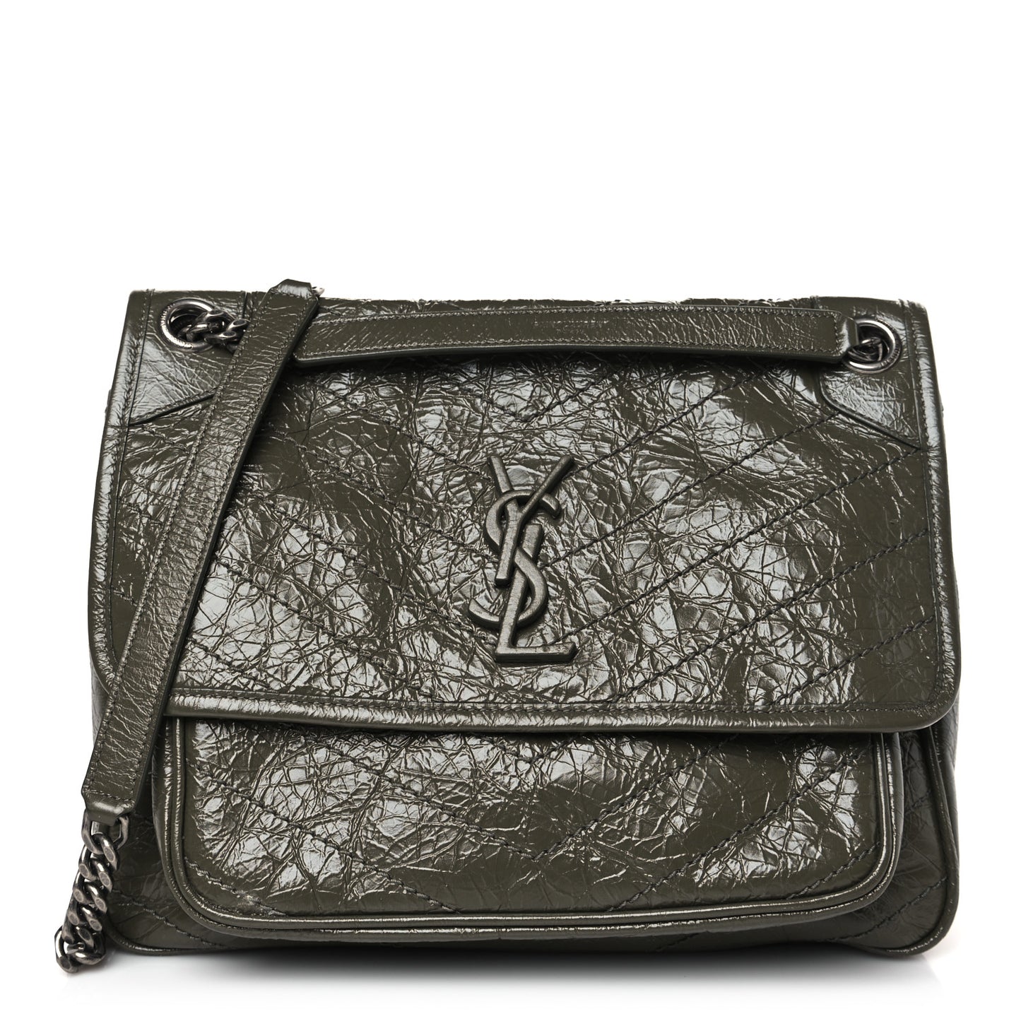 Crinkled Calfskin Matelasse Monogram Medium Niki Chain Satchel Military Olive