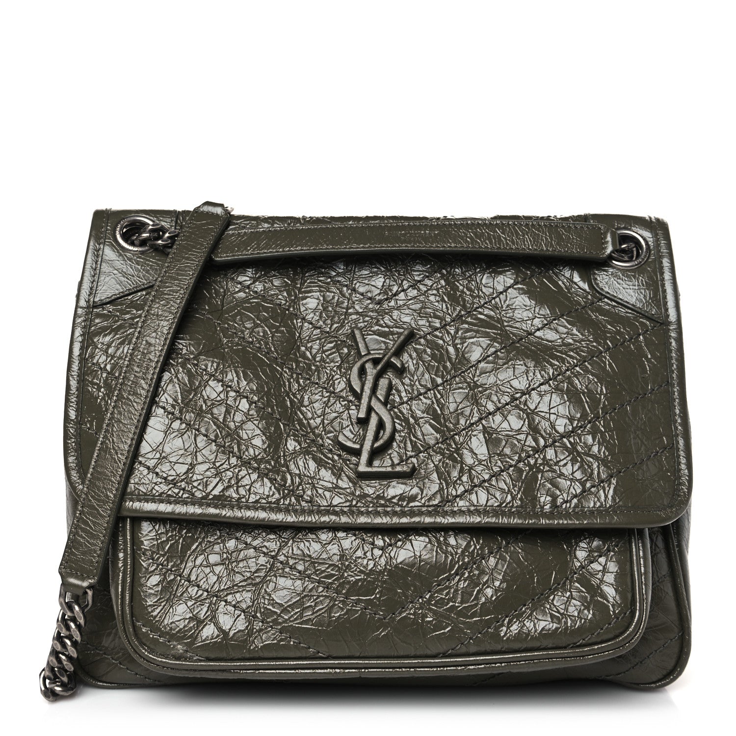 Saint Laurent Crinkled Calfskin Matelasse Monogram Medium Niki Chain Satchel Military Olive 1 of 9