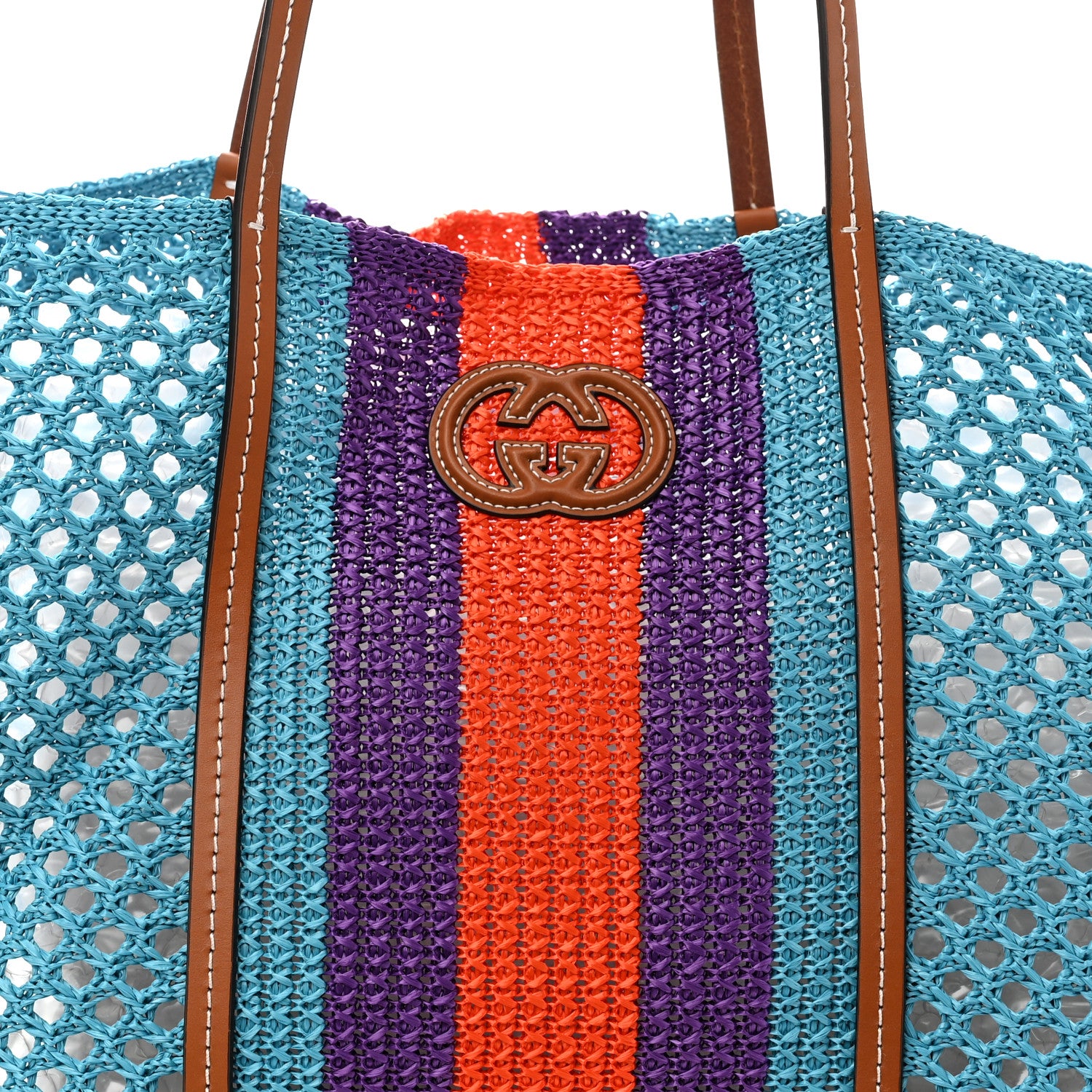 Gucci Raffia Web Woven Interlocking G Tote Blue Multicolor 8 of 10