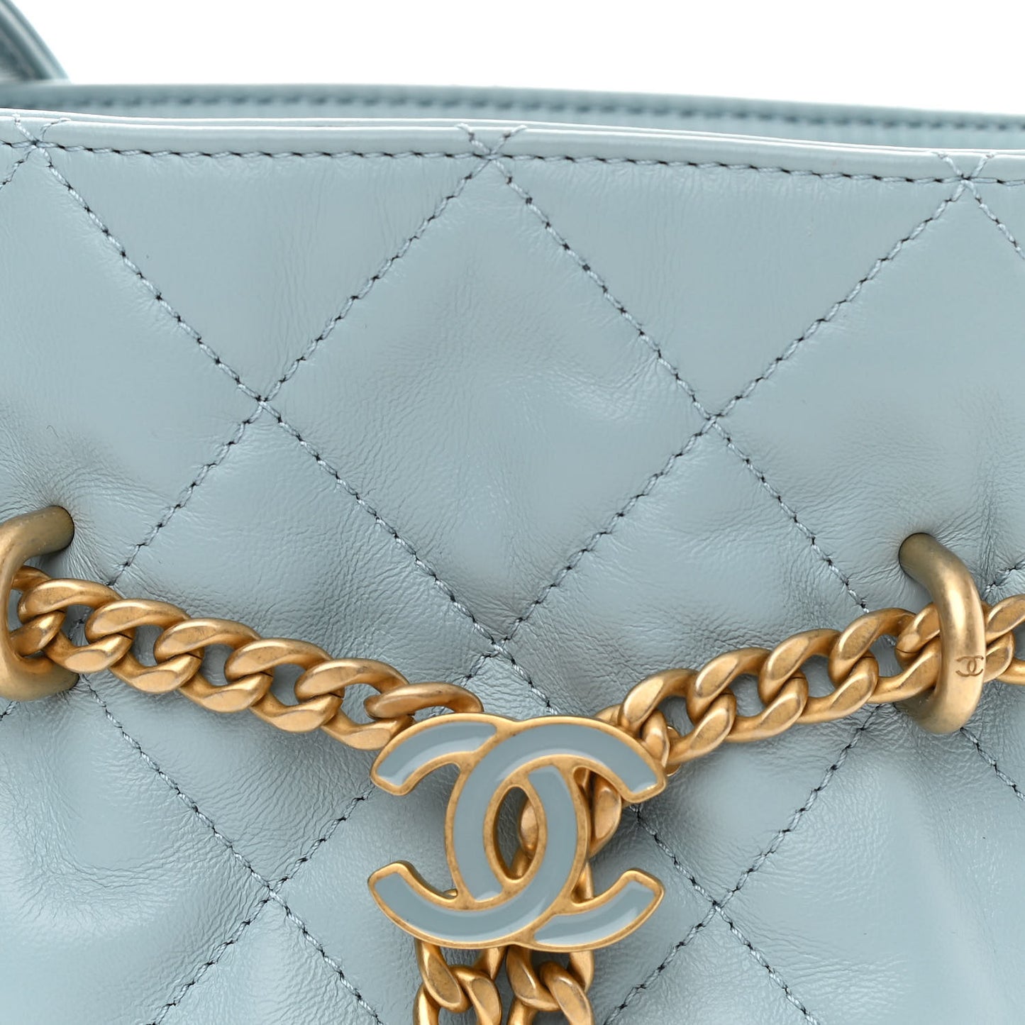 Lambskin Enamel Quilted Pending CC Mini Bucket Bag Light Blue