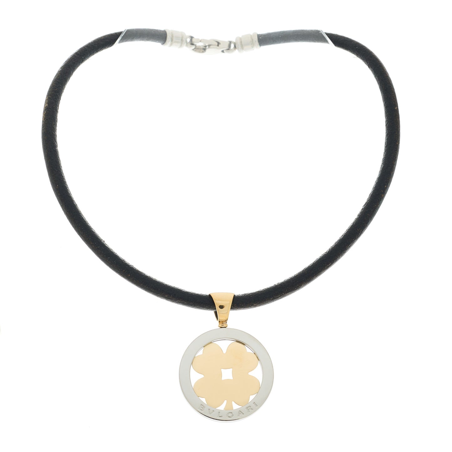 18K Yellow Gold Stainless Steel Calfskin Tondo Clover Pendant Necklace Black