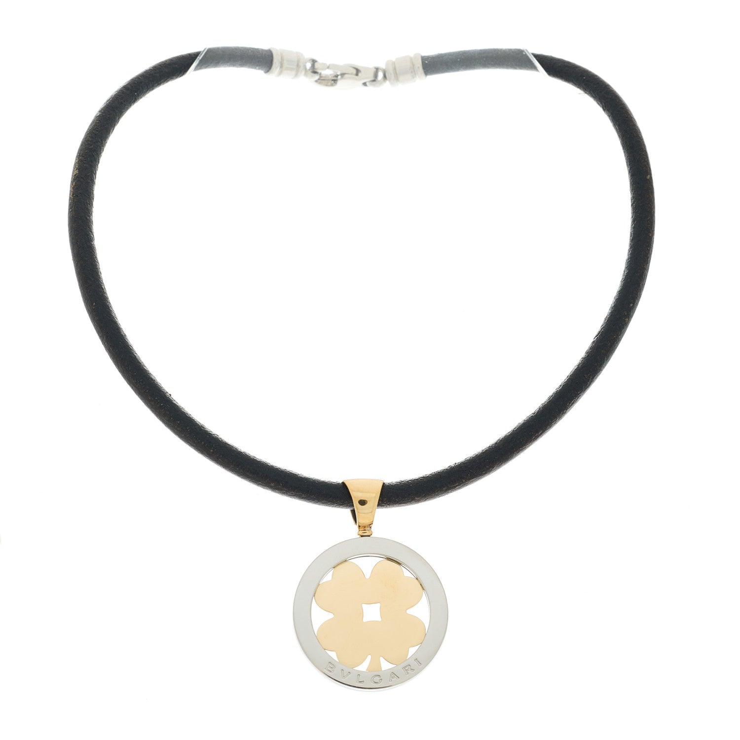 Bulgari 18K Yellow Gold Stainless Steel Calfskin Tondo Clover Pendant Necklace Black 2 of 5