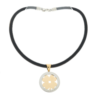 Bulgari 18K Yellow Gold Stainless Steel Calfskin Tondo Clover Pendant Necklace Black 2 of 5