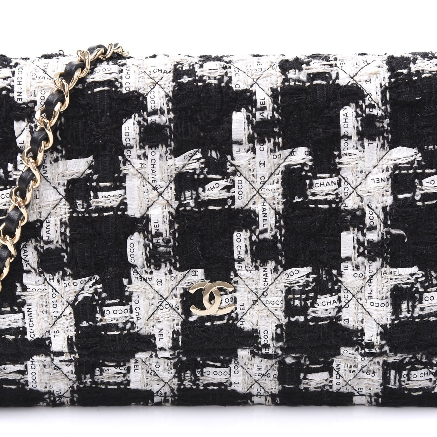 Tweed Quilted Wallet On Chain WOC Black Ecru White