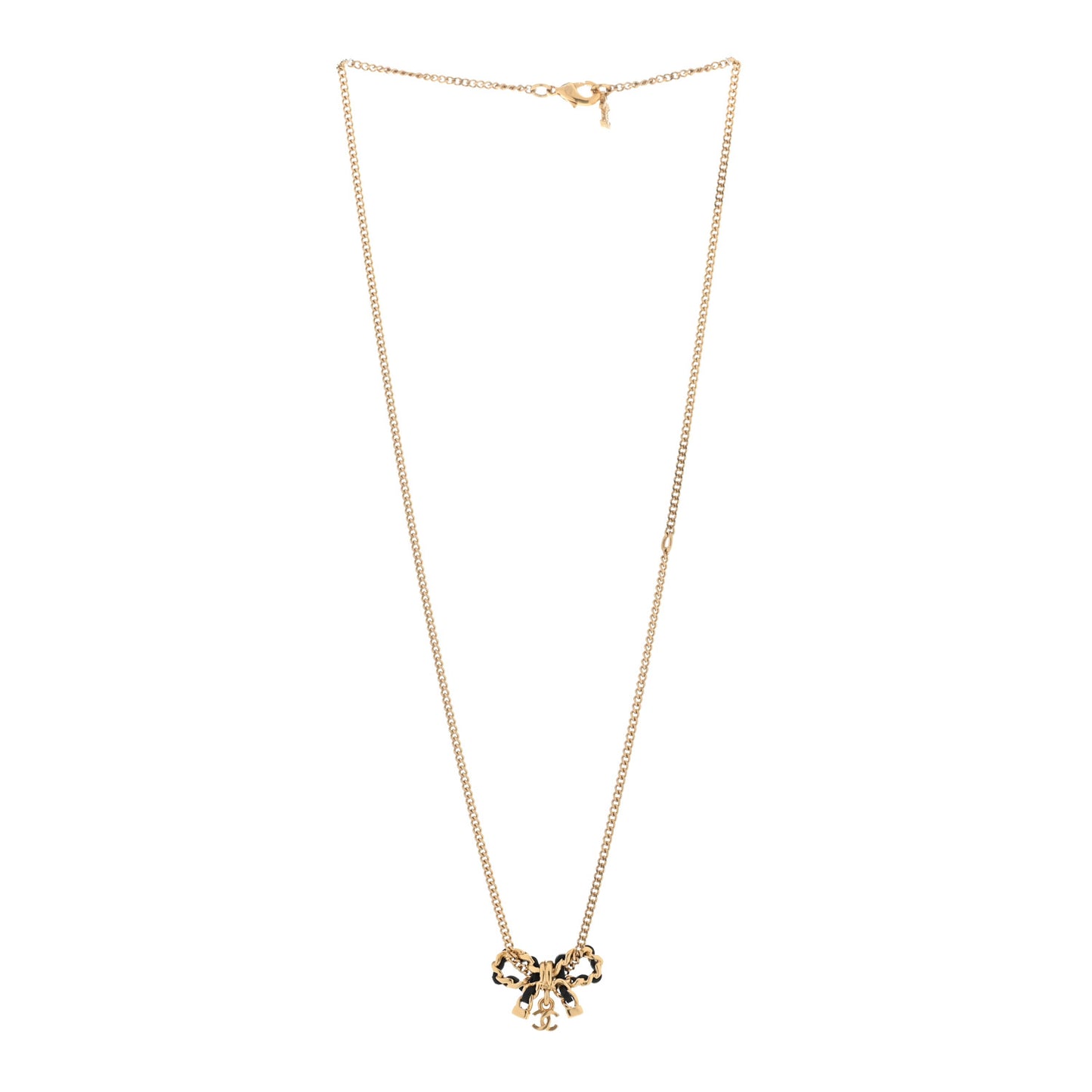 Metal Lambskin Chain CC Bow Necklace Black Gold