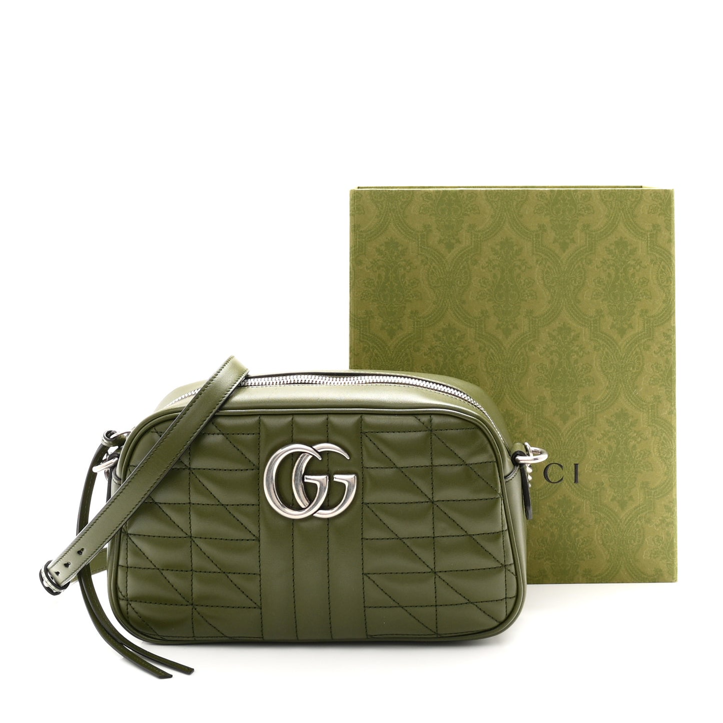 Calfskin Matelasse Aria Small GG Marmont Chain Shoulder Bag Military Wood
