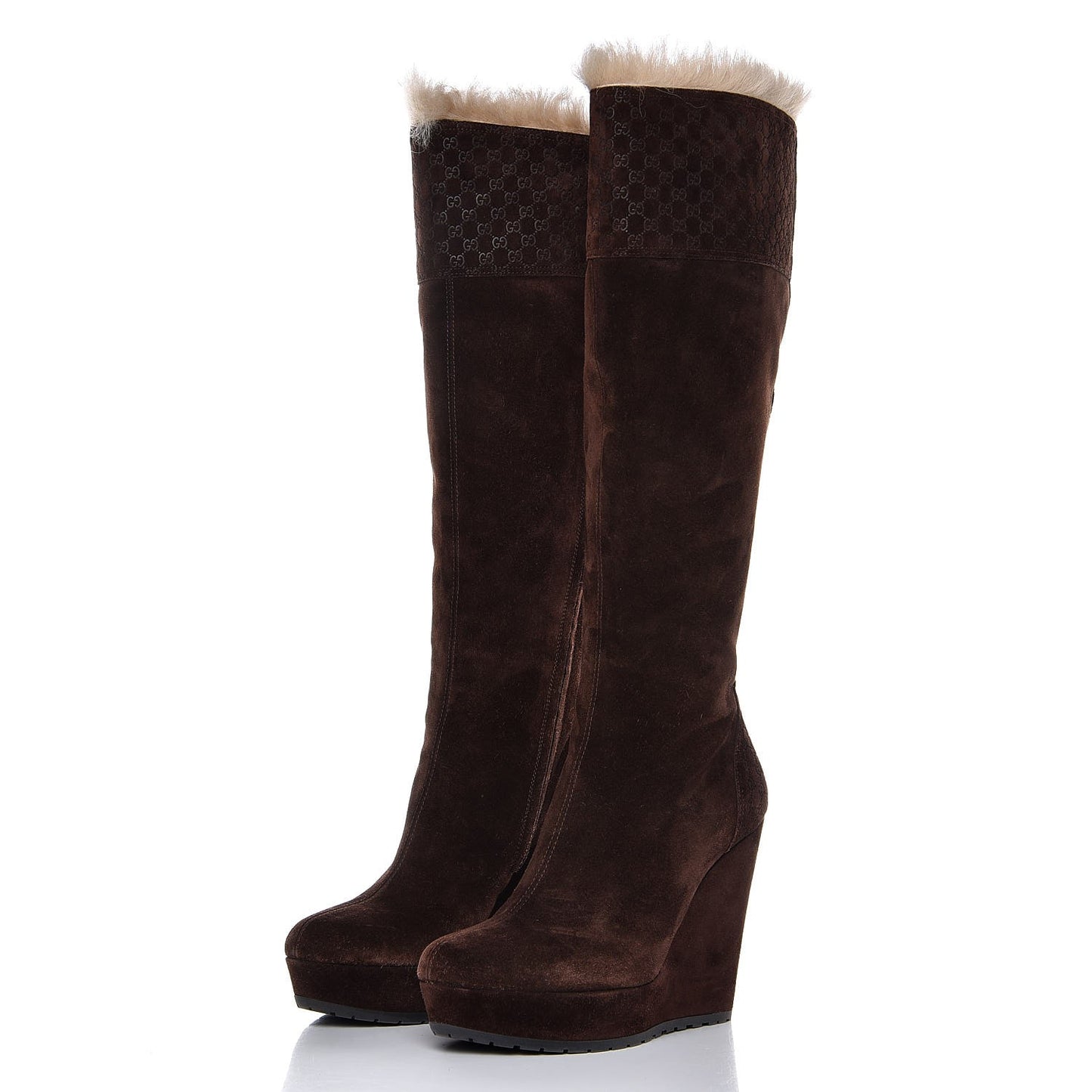 Suede Shearling Fur Microguccissima Courtney Tall Wedge Boots 38 Cocoa