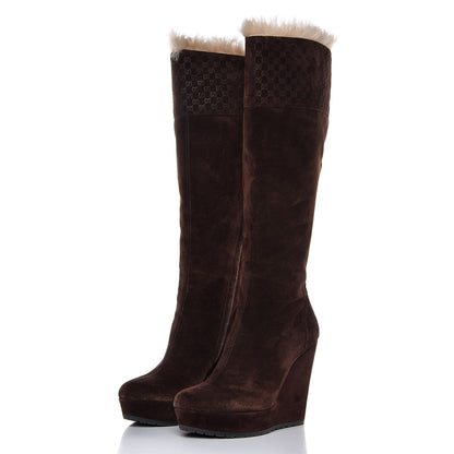 Gucci Suede Shearling Fur Microguccissima Courtney Tall Wedge Boots 38 Cocoa 3 of 10