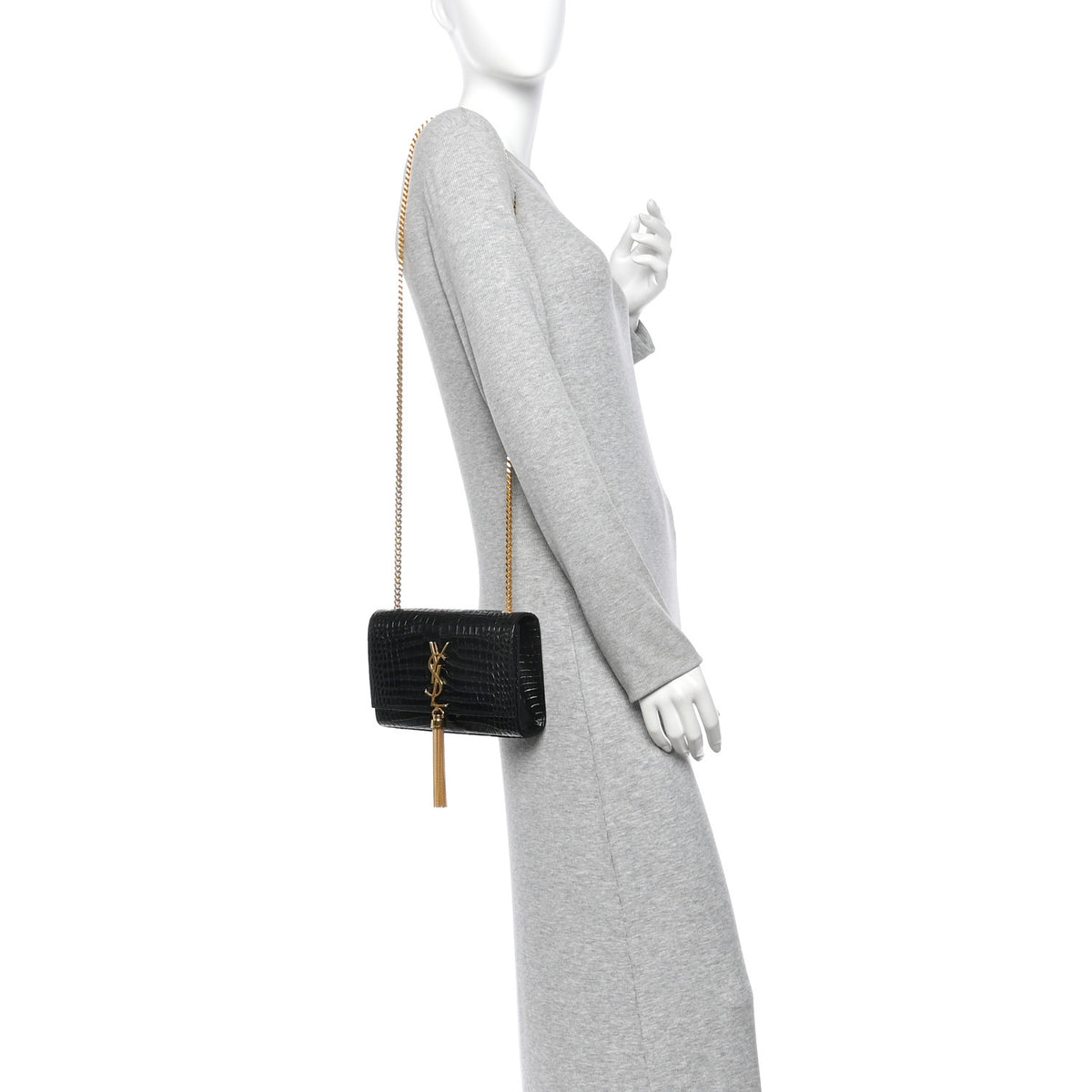 Saint Laurent Calfskin Crocodile Embossed Small Classic Monogram Kate Tassel Satchel Black 2 of 10