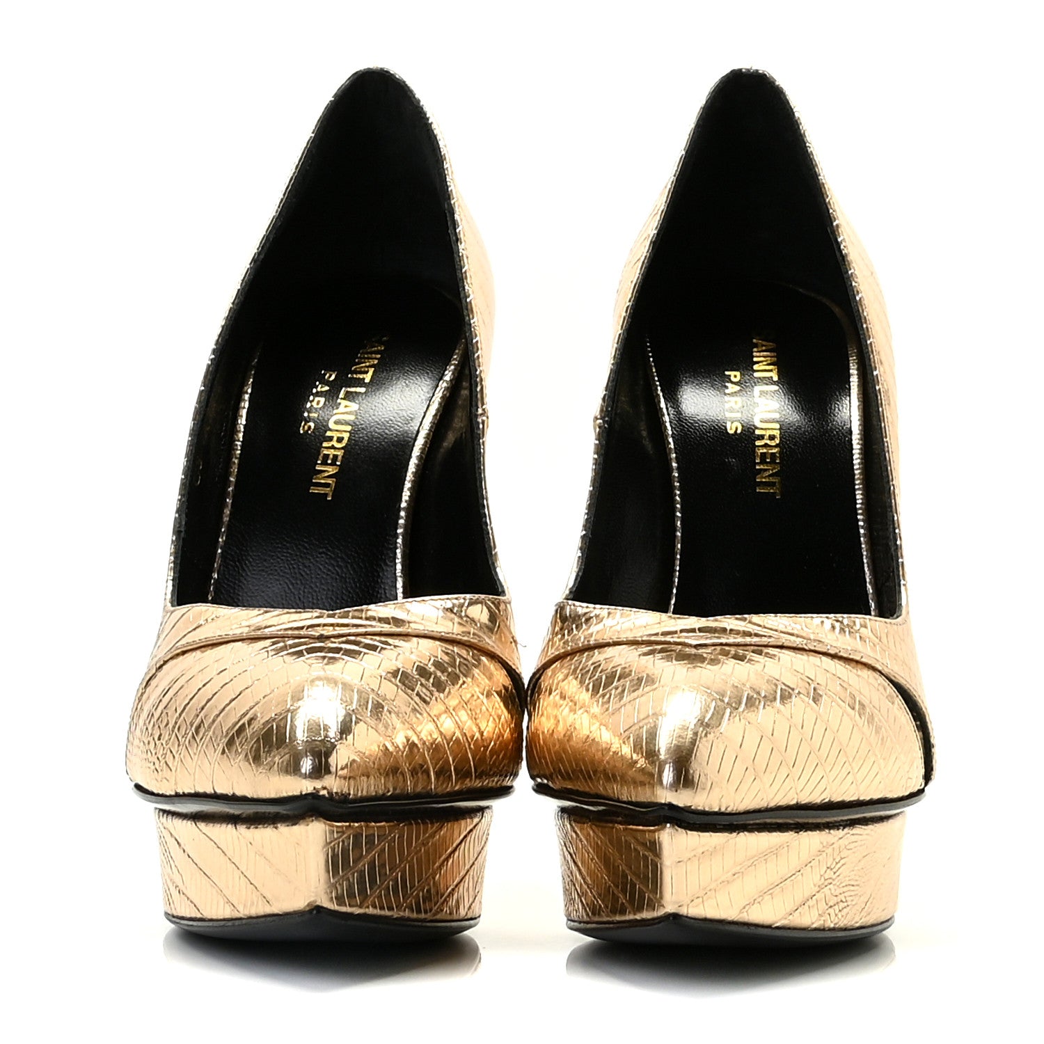 Saint Laurent Metallic Lizard Calfskin Embossed Janis 105 Escarpin Cut Out Pump 35 Pale Gold 3 of 13