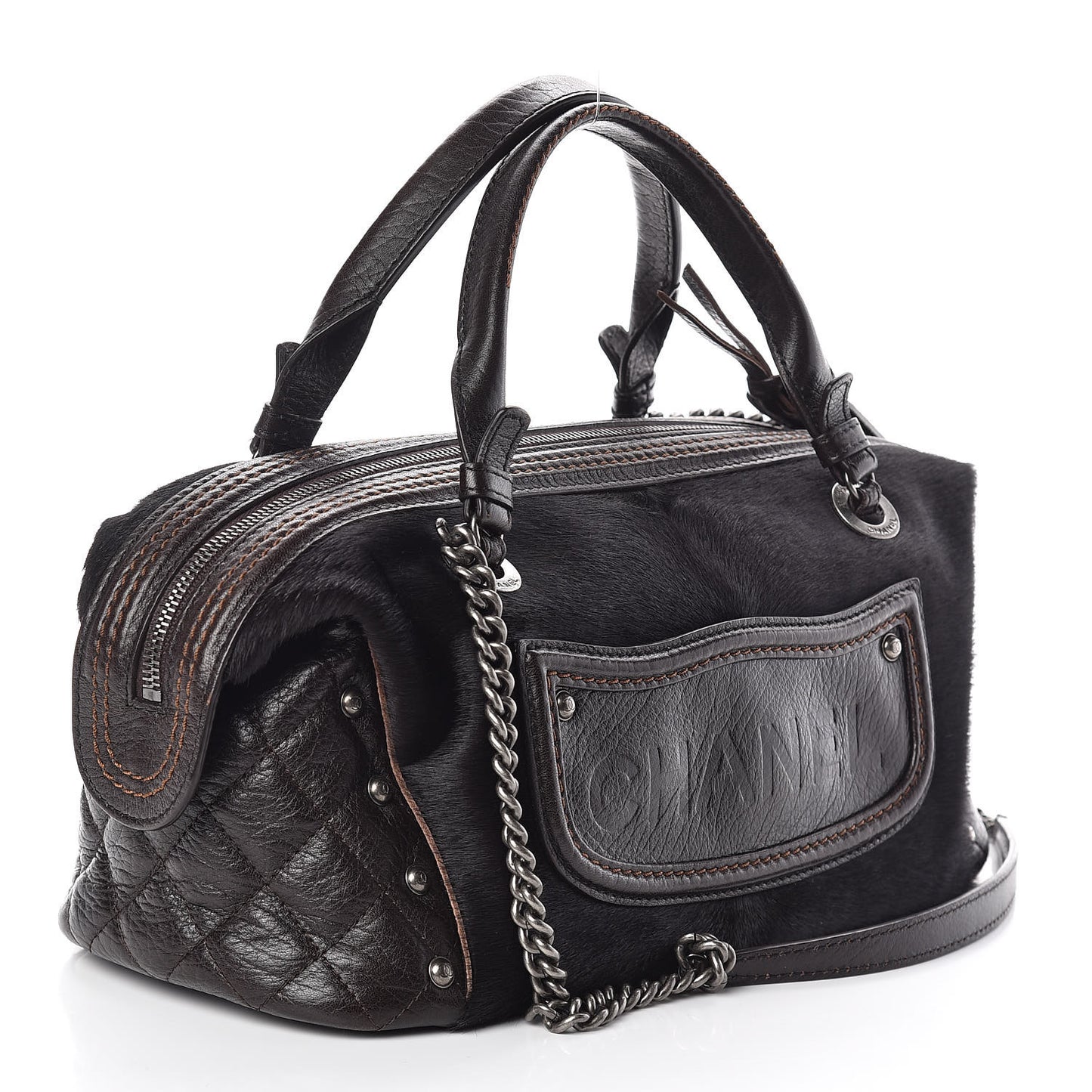 Calfskin Pony Hair Fringe Bowling Bag Brown