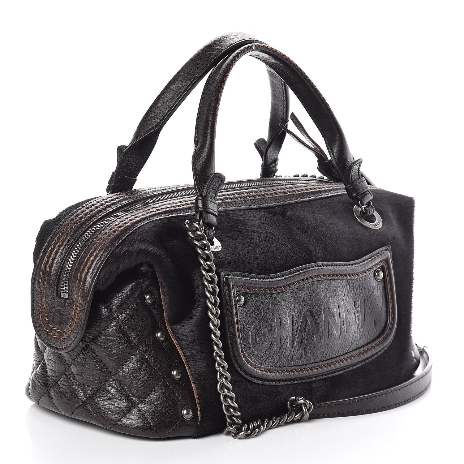 Chanel Calfskin Pony Hair Fringe Bowling Bag Brown 3 of 9