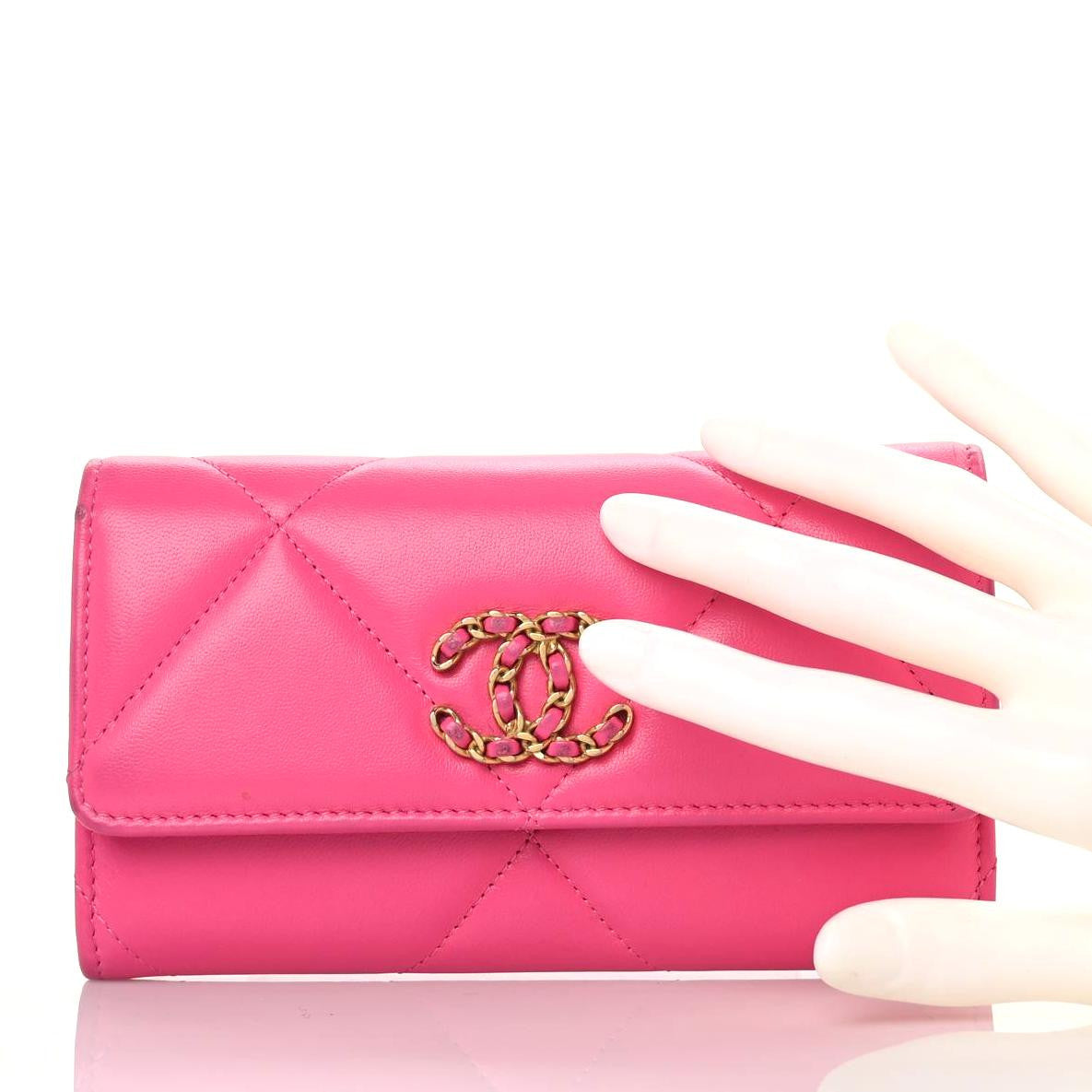 Chanel Shiny Goatskin Quilted Chanel 19 Flap Wallet Dark Pink 2 of 9