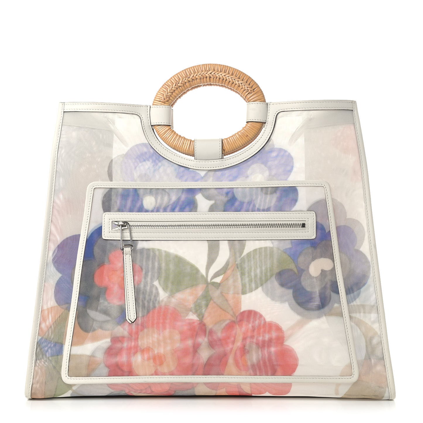 Mesh Vitello Century Wicker Floral Print Large Runaway Shopper Tote White Ice Multicolor