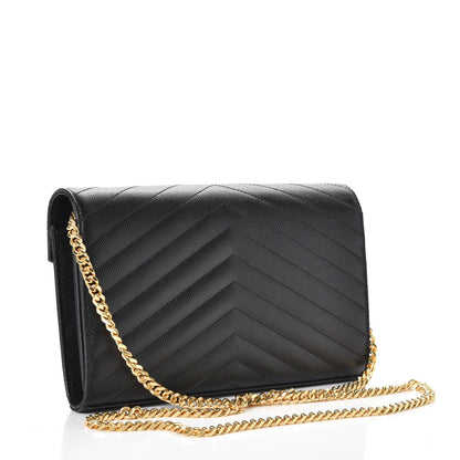 Saint Laurent Grain De Poudre Matelasse Chevron Monogram Chain Wallet Black 3 of 7