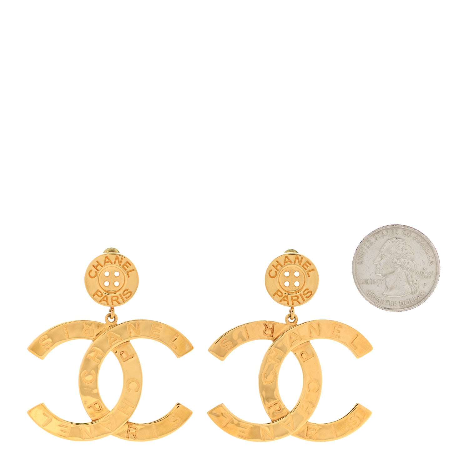 Chanel Metal Large Paris Button Earrings Gold 2 of 4