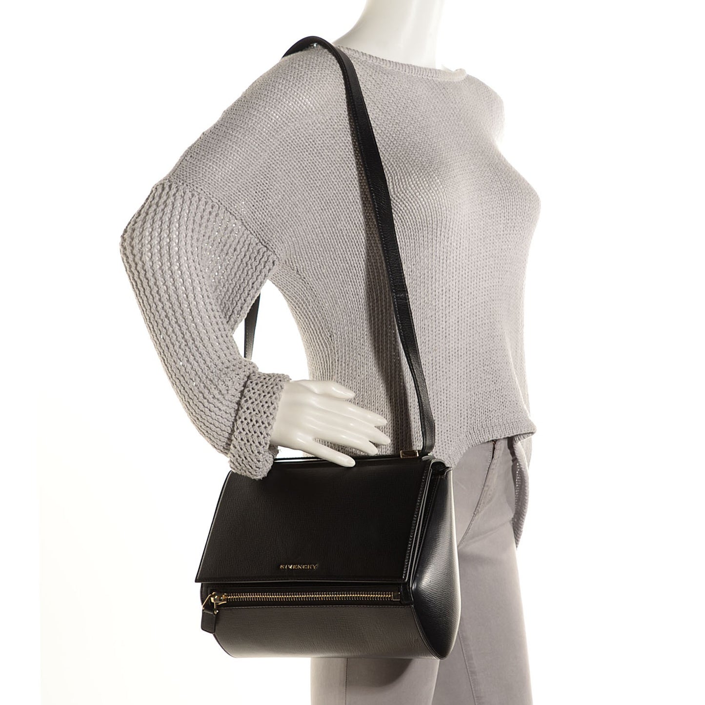 Textured Calfskin Medium Pandora Box Crossbody Bag Black
