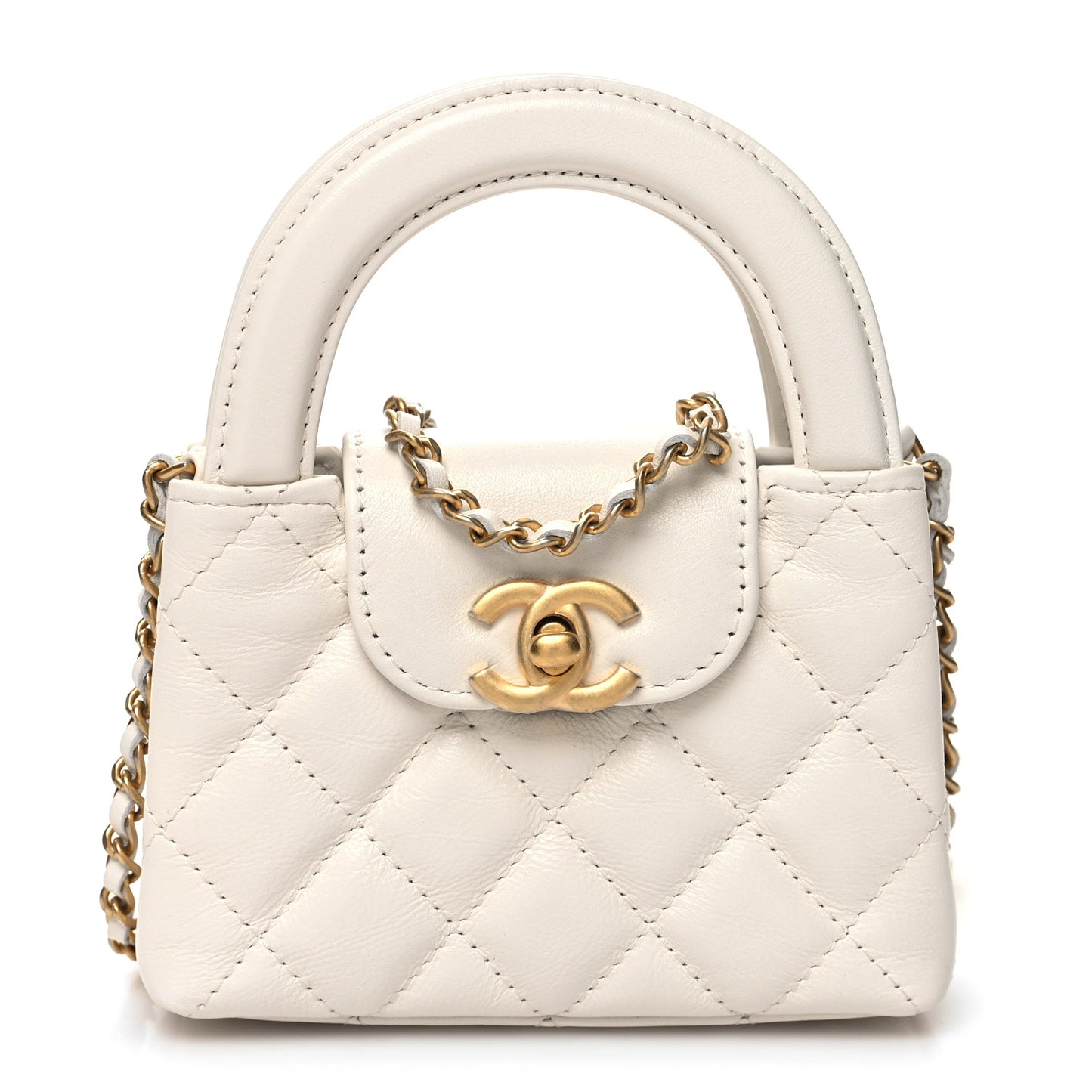 Shiny Aged Calfskin Quilted Mini Nano Kelly Shopper White