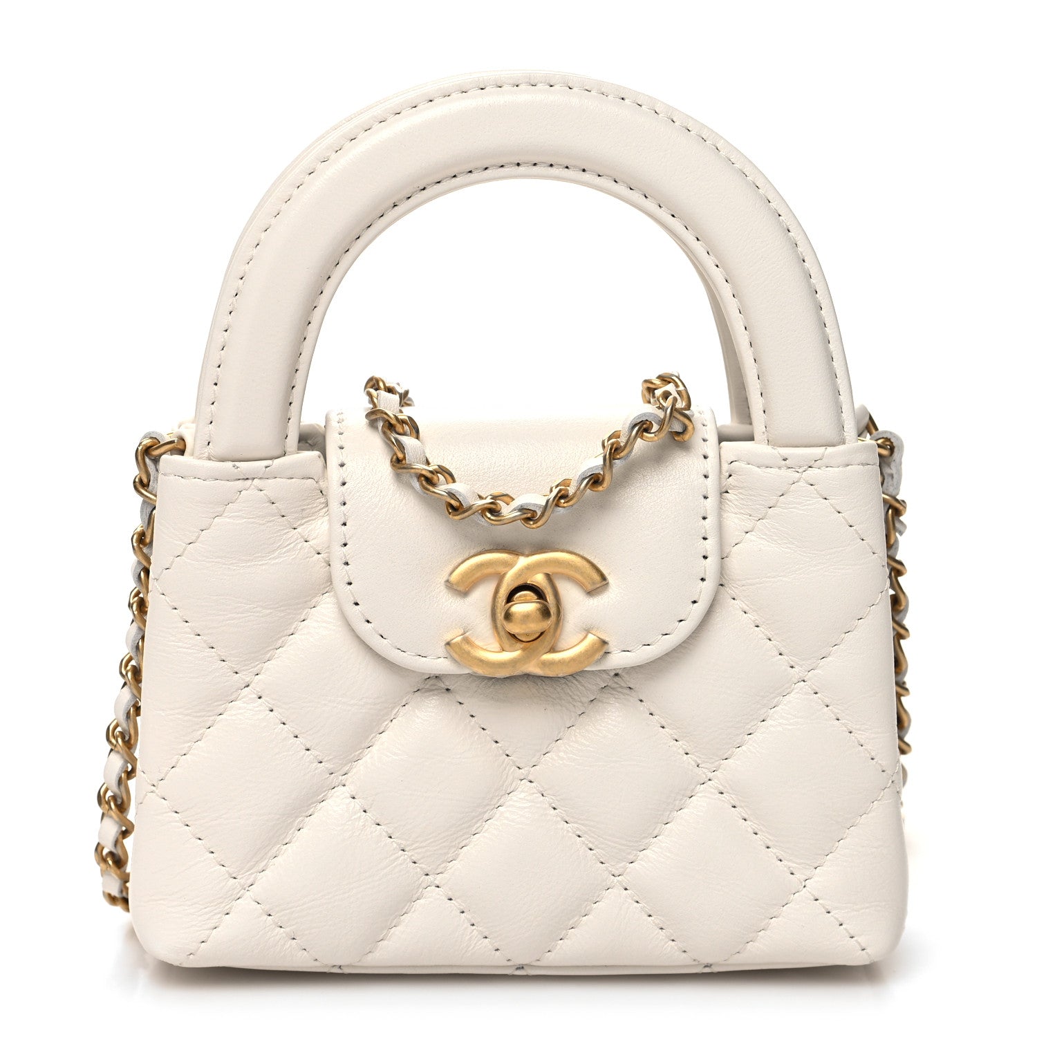 Chanel Shiny Aged Calfskin Quilted Mini Nano Kelly Shopper White 1 of 10